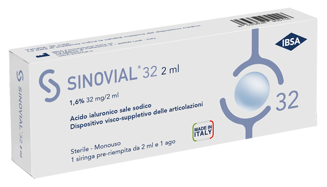 SIRINGA INTRA-ARTICOLARE SINOVIAL 32 ACIDO IALURONICO SALE SODICO 1,6% 32MG/2ML 2ML + AGO 21 GAUGE - Farmacia Nuova Dr.ssa Gabriella Catellani