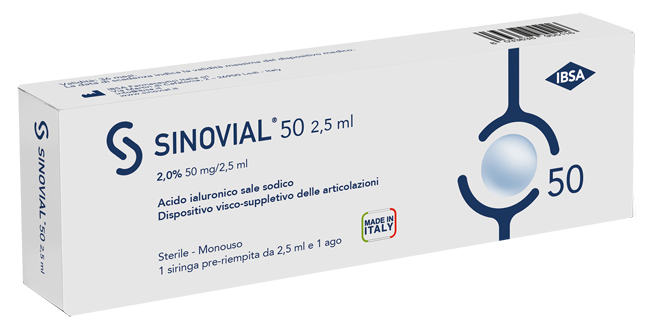 SIRINGA INTRA-ARTICOLARE SINOVIAL 50 ACIDO IALURONICO SALE SODICO 2% 50MG/2,5ML 2,5ML + AGO 21 GAUGE - Farmacia Nuova Dr.ssa Gabriella Catellani