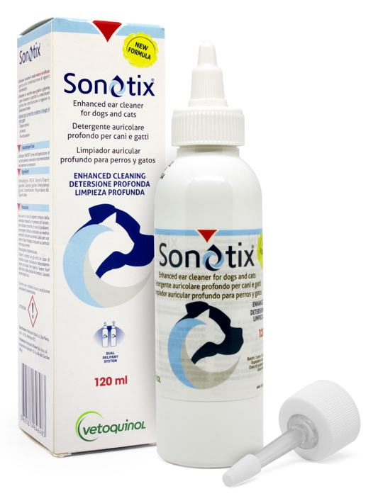 SONOTIX DETERGENTE AURICOLARE PROFONDO CANI E GATTI 120 ML + CANNULA CORTA RIGIDA + CANNULA LUNGA FLESSIBILE - Farmacia Nuova Dr.ssa Gabriella Catellani