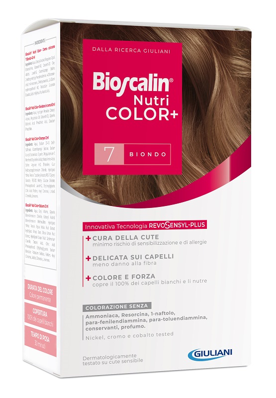 BIOSCALIN NUTRICOLOR PLUS 7 BIONDO CREMA COLORANTE 40 ML + RIVELATORE CREMA 60 ML + SHAMPOO 12 ML + TRATTAMENTO FINALE BALSAMO 12 ML - Farmacia Nuova Dr.ssa Gabriella Catellani