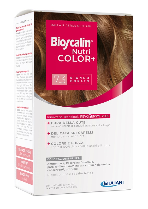 BIOSCALIN NUTRICOLOR PLUS 7,3 BIONDO DORATO CREMA COLORANTE 40 ML + RIVELATORE CREMA 60 ML + SHAMPOO 12 ML + TRATTAMENTO FINALE BALSAMO 12 ML - Farmacia Nuova Dr.ssa Gabriella Catellani