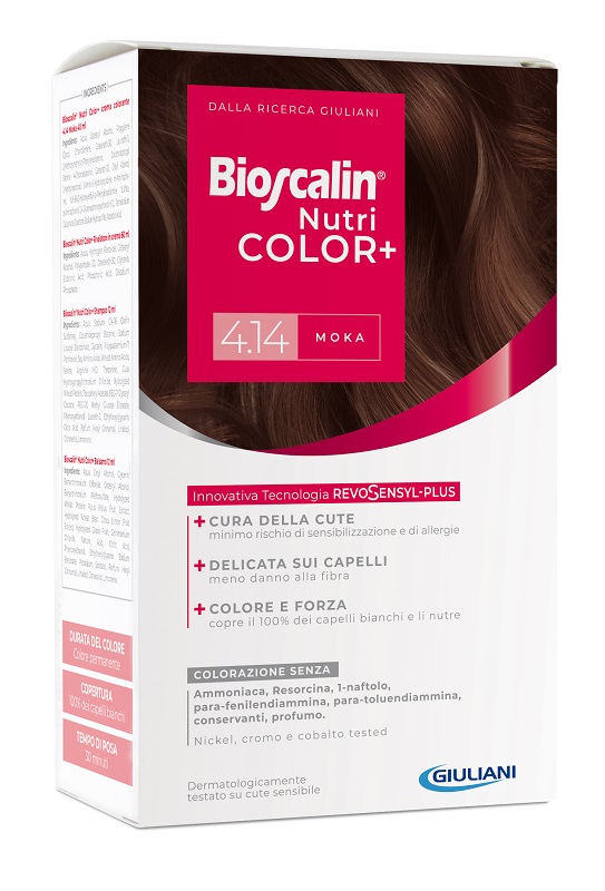 BIOSCALIN NUTRICOLOR PLUS 4,14 MOKA CREMA COLORANTE 40 ML + RIVELATORE CREMA 60 ML + SHAMPOO 12 ML + TRATTAMENTO FINALE BALSAMO 12 ML - Farmacia Nuova Dr.ssa Gabriella Catellani