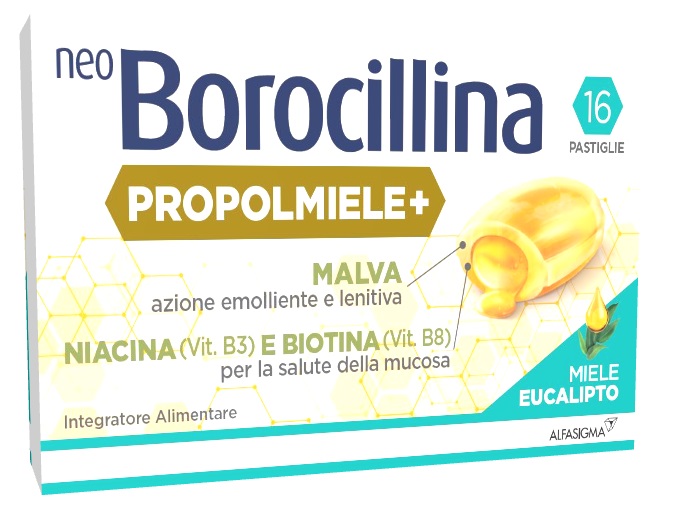 NEOBOROCILLINA PROPOLMIELE+ MIELE/EUCALIPTO 16 PASTIGLIE DA 3,4 G - Farmacia Nuova Dr.ssa Gabriella Catellani